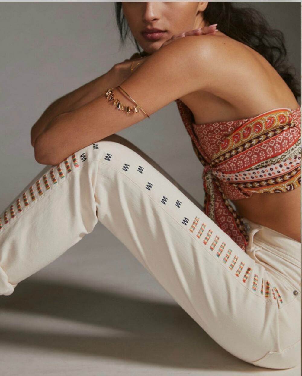 Pilcro Cream Embroidered Side-Strip Pants with Rust and Navy Accents
